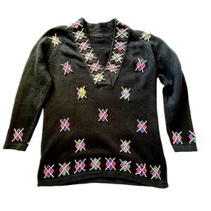Vintage Bejeweled Beaded Black Holiday Winter V Neck Pullover Sweater Women's L
